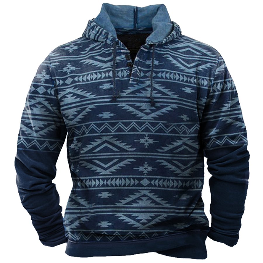 

Men's Vintage Geometric Ethnic Print Henley Mock Neck Hoodie