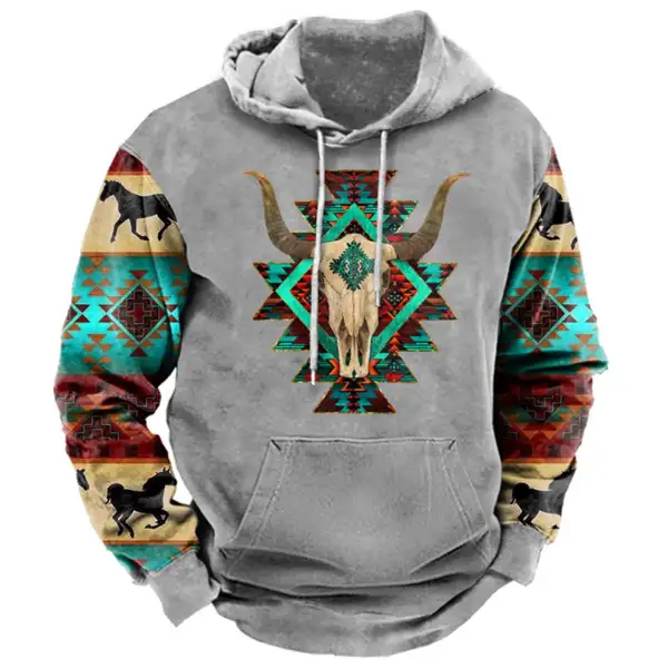 Men's Ethnic Geometric Western Cow Skull Print Hoodie - Kalesafe.com 