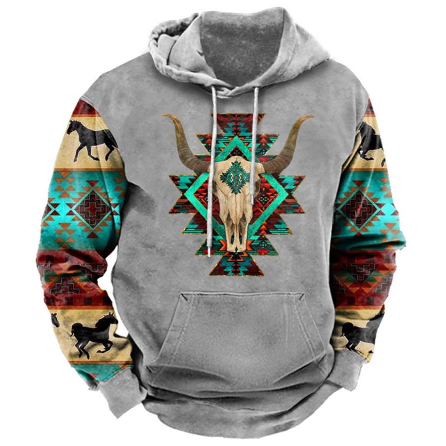 

Men's Ethnic Geometric Western Cow Skull Print Hoodie