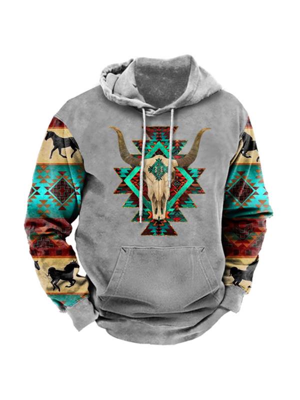 Men's Ethnic Geometric Western Cow Skull Print Hoodie