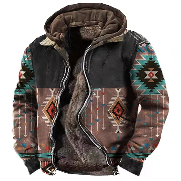 Men's Vintage Ethnic Outdoor Tactical Hooded Fleece Lined Jacket - Salolist.com 