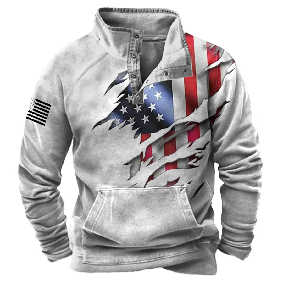

Men's Vintage American Flag Print Stand Collar Pocket Sweatshirt