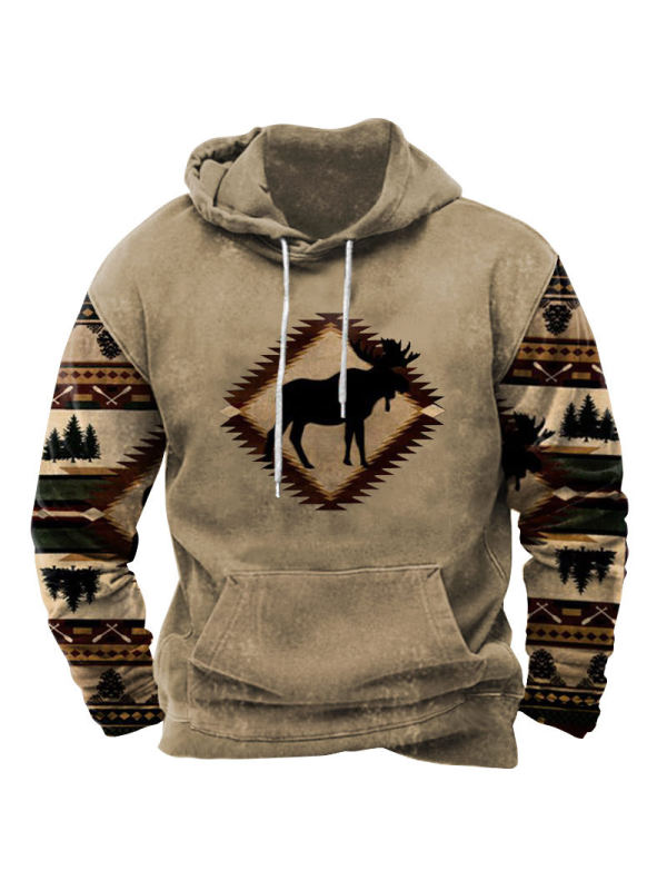 Men's Vintage Ethnic Panel Print Pocket Hoodie