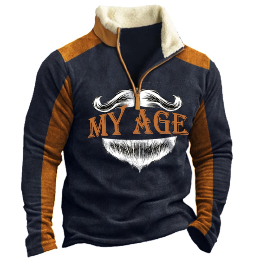 

Men's Retro Color Block Bearded Old Man My Age Zipper Mock Neck Fleece Sweatshirt