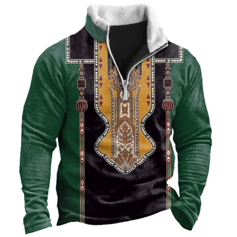 

Men's Vintage Ethnic Print Quarter Zip Sweatshirt