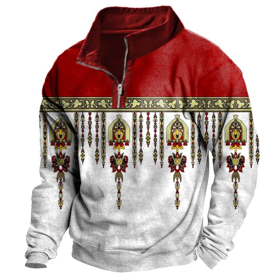 

Men's Vintage Ethnic Print Quarter Zip Sweatshirt