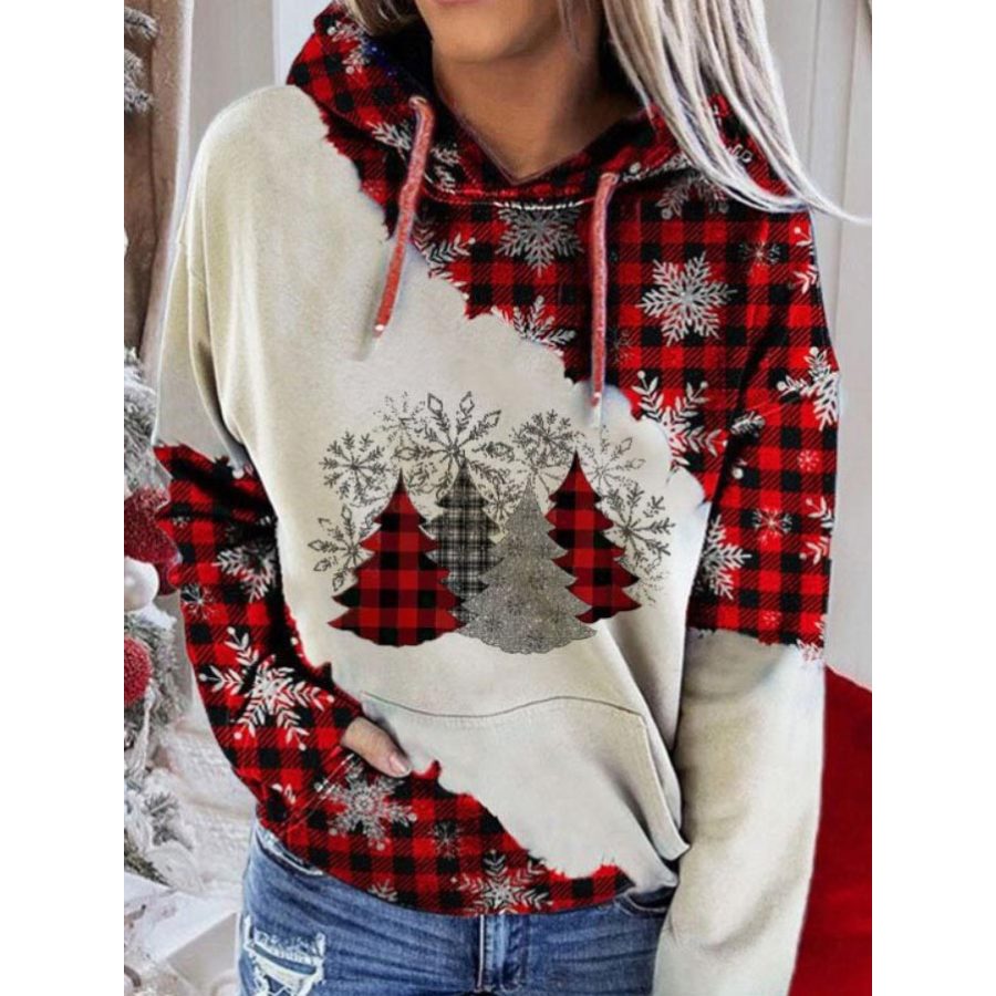 

Women's Plaid Christmas Tree Snowflake Print Hoodie