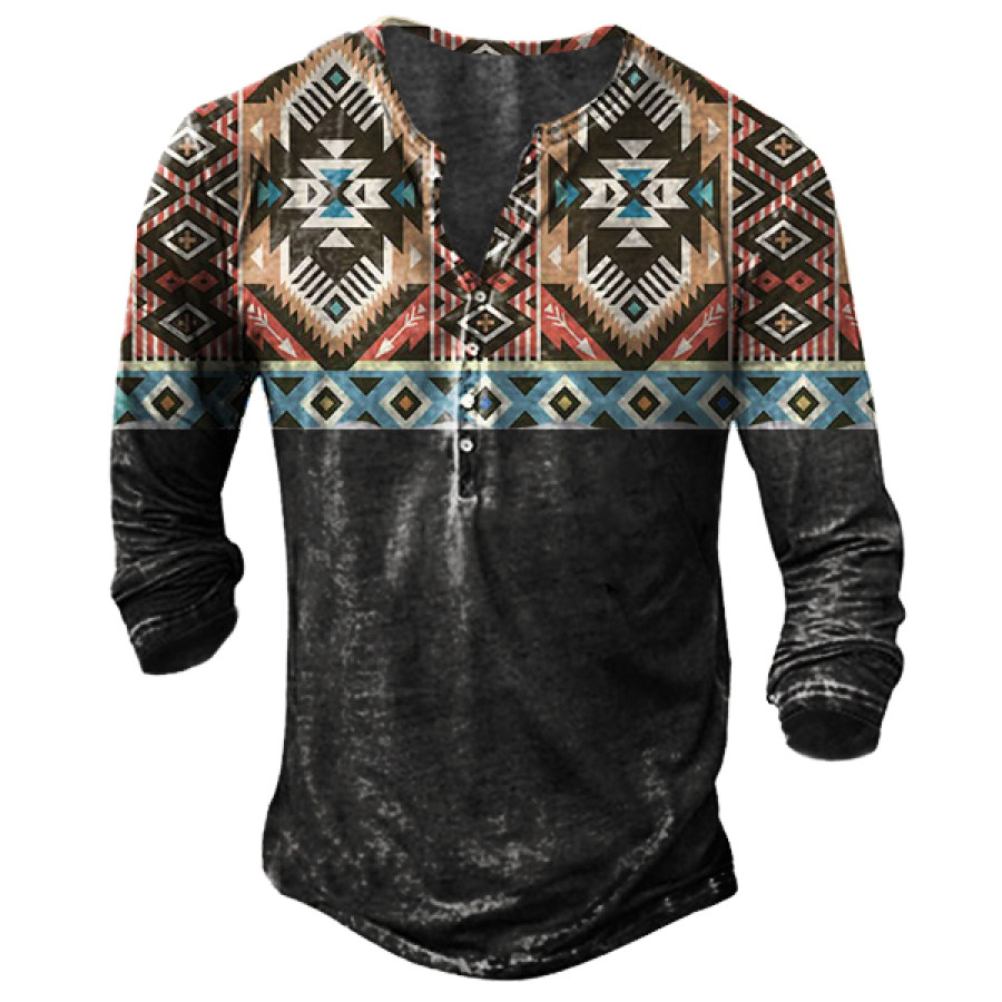 

Men's Outdoor Ethnic Print Henley Long Sleeve T-Shirt