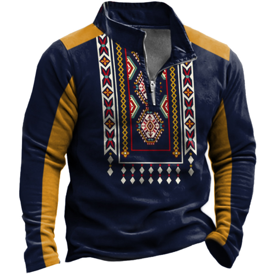 

Men's Vintage Ethnic Print Stand Collar Sweatshirt