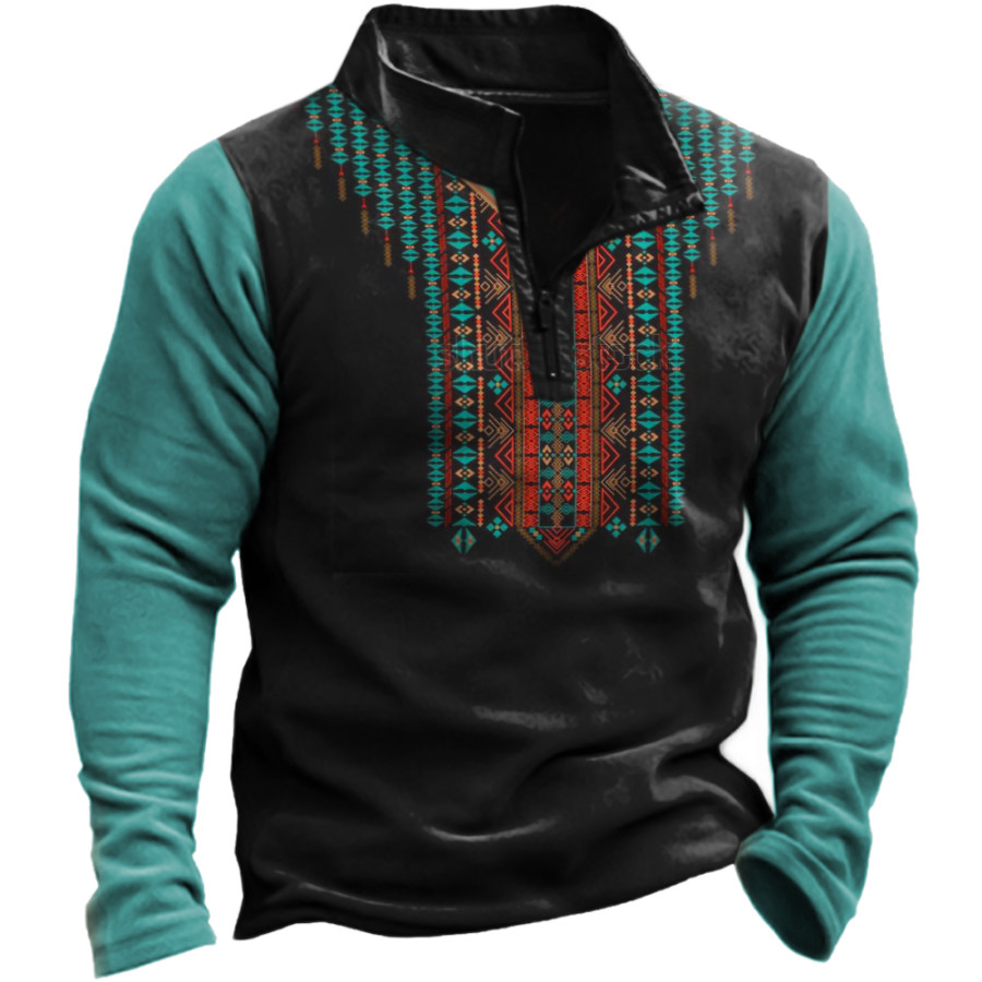 

Men's Vintage Ethnic Print Stand Collar Sweatshirt