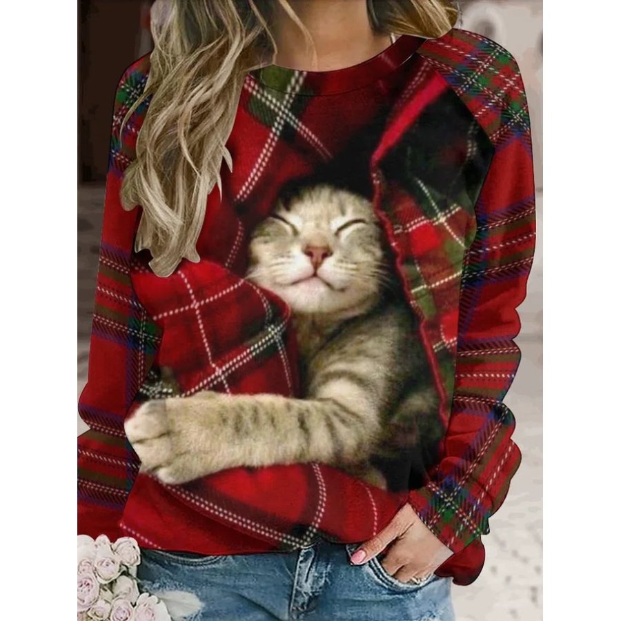 

Women's Christmas Plaid Cat Print Sweatshirt