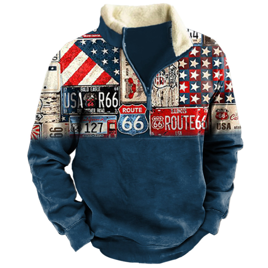 

Men's Vintage US Route 66 Print Stand Collar Sweatshirt
