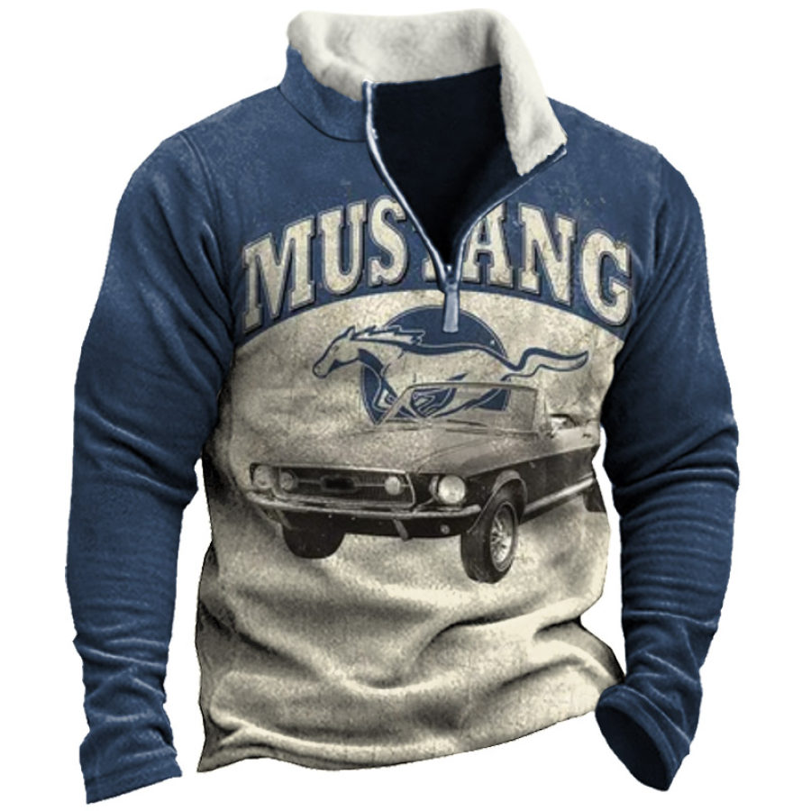 

Men's Vintage Color Block Car Print Zip Up Sweatshirt