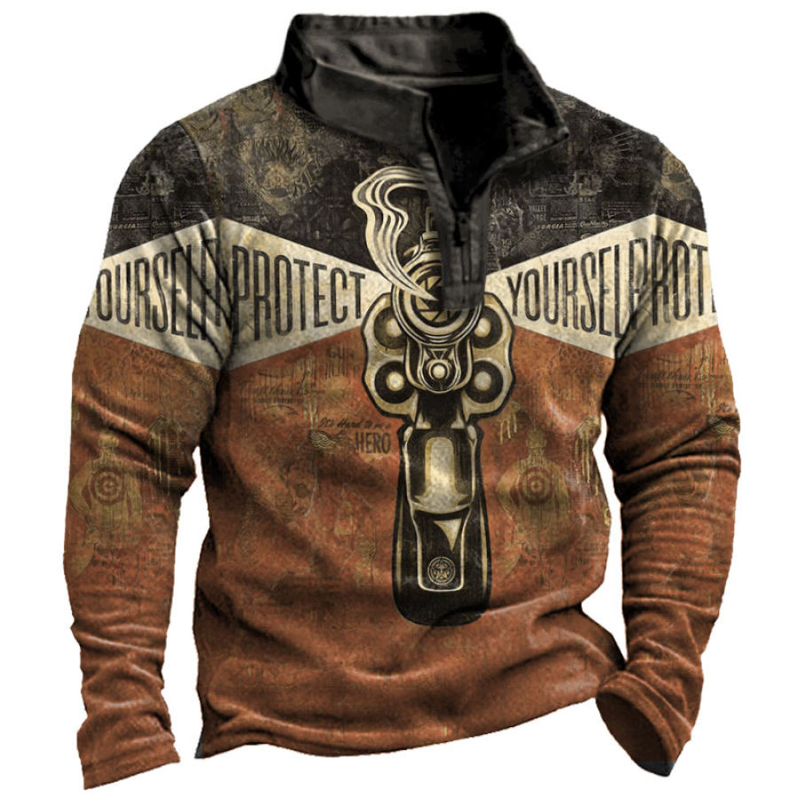 

Protect Yourselp Men's Retro Pistol Color Block Print Zip Sweatshirt