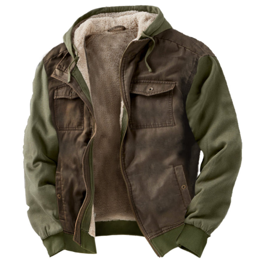 

Men's Vintage Outdoor Panel Fleece Lined Thermal Hooded Jacket