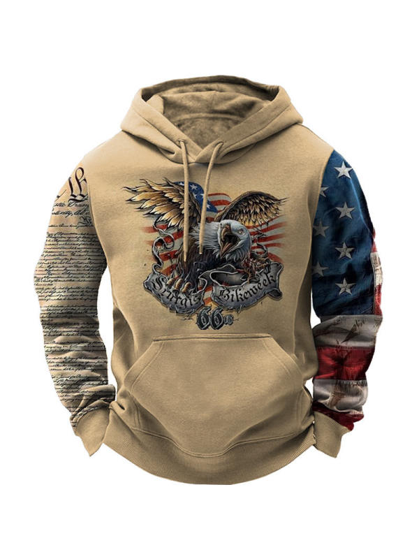 Men's Vintage American Flag Print American Eagle Pocket Hoodie