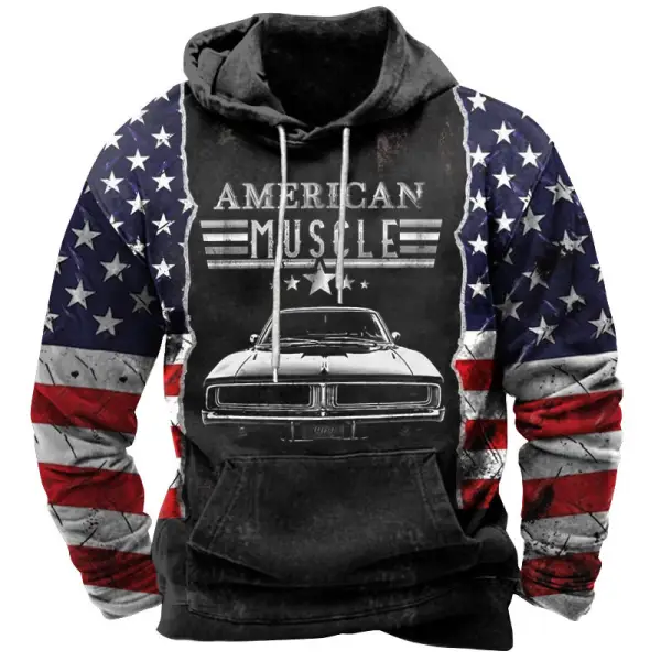 Men's Vintage American Flag Car Print Hoodie