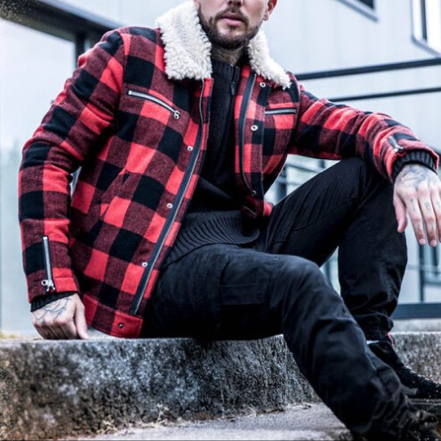 

Men's Vintage Christmas Plaid Zipper Functional Fleece Collar Jacket