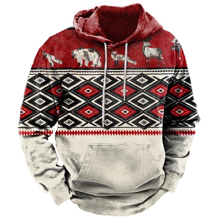 

Men's Vintage Ethnic Geometric Animal Print Hoodie