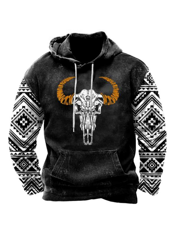 Men's Vintage Western Geometric Bull Skull Print Hoodie