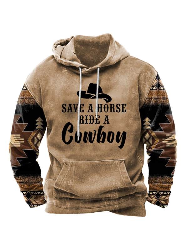 Men's Western Save A Horse Ride A Cowboy Print Hoodie