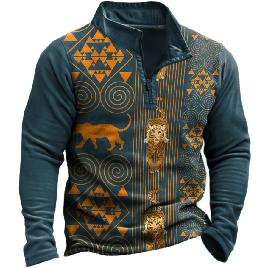 

Men's Vintage African Tiger Ethnic Totem Print Stand Collar Sweatshirt