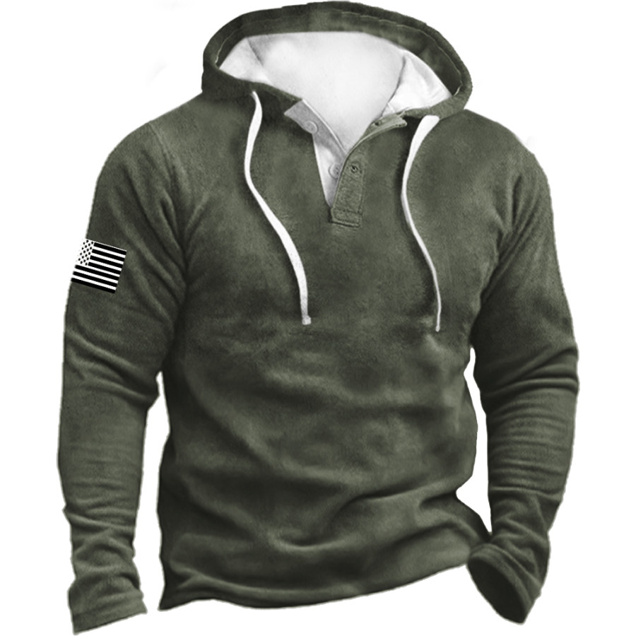 

Men's American Flag Print Henley Collar Hooded Outdoor Tactical Sweatshirt