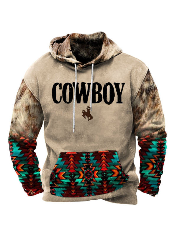 Vintage Men's Outdoor Cowboy Ethnic Print Hoodie