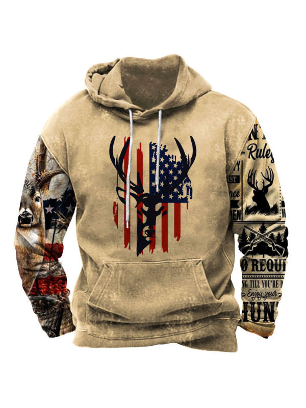 Vintage Men's Outdoor American Deer Print Hoodie