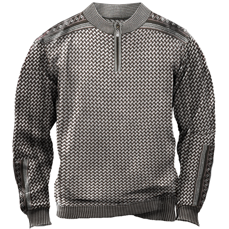 Men's Vintage Geometric Jacquard Chic Zip-up Mock Neck Sweater