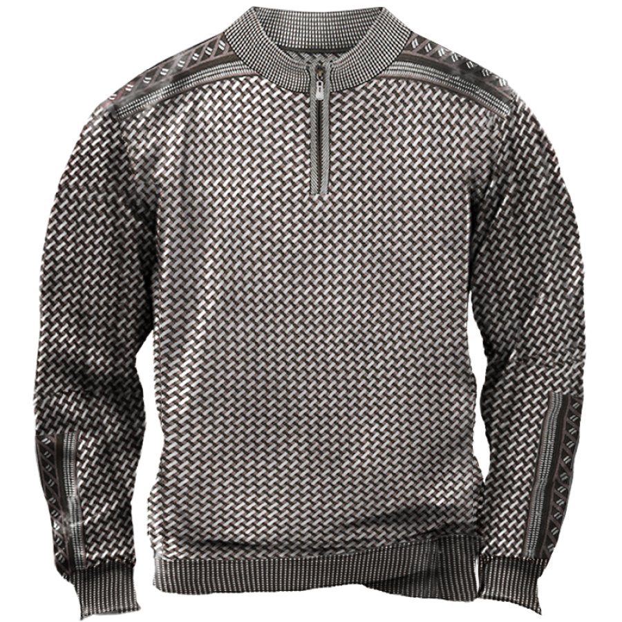 

Men's Vintage Geometric Jacquard Zip-Up Mock Neck Sweater