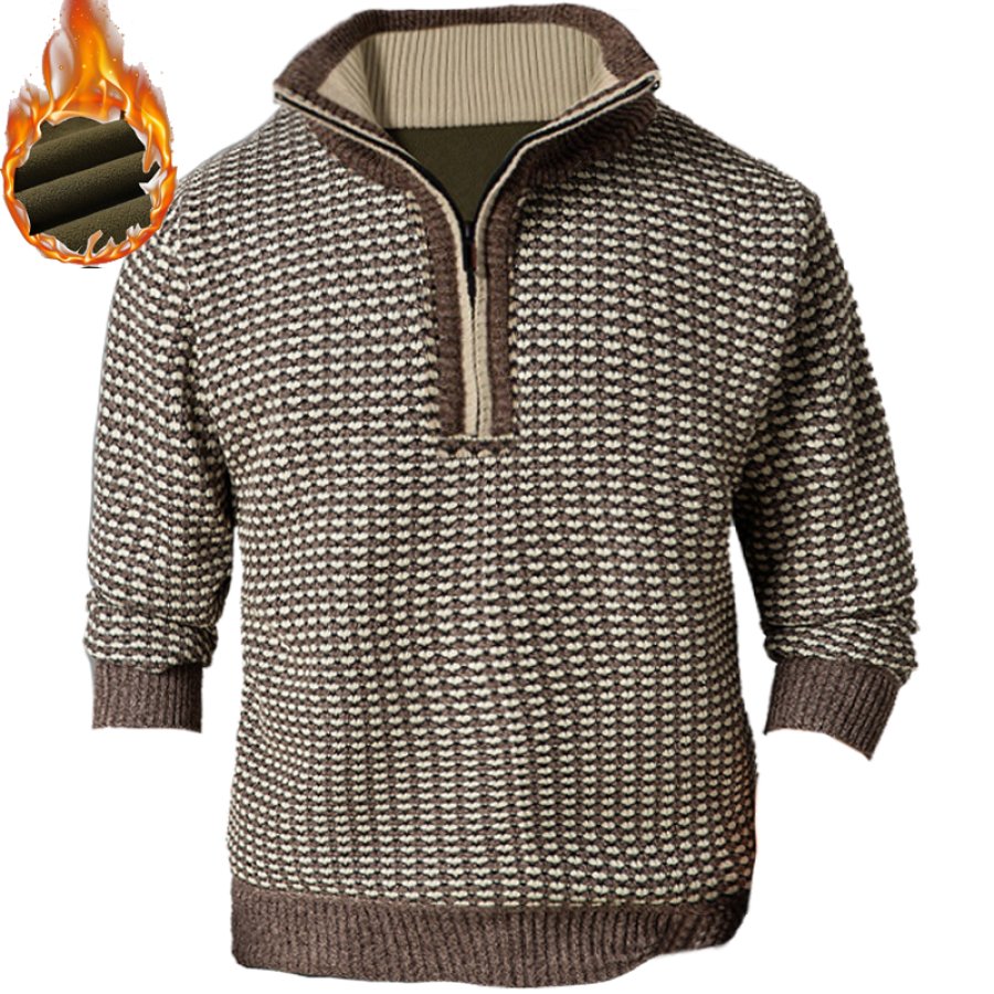 

Men's Retro Geometric Jacquard Fleece Zipper Mock Neck Sweater