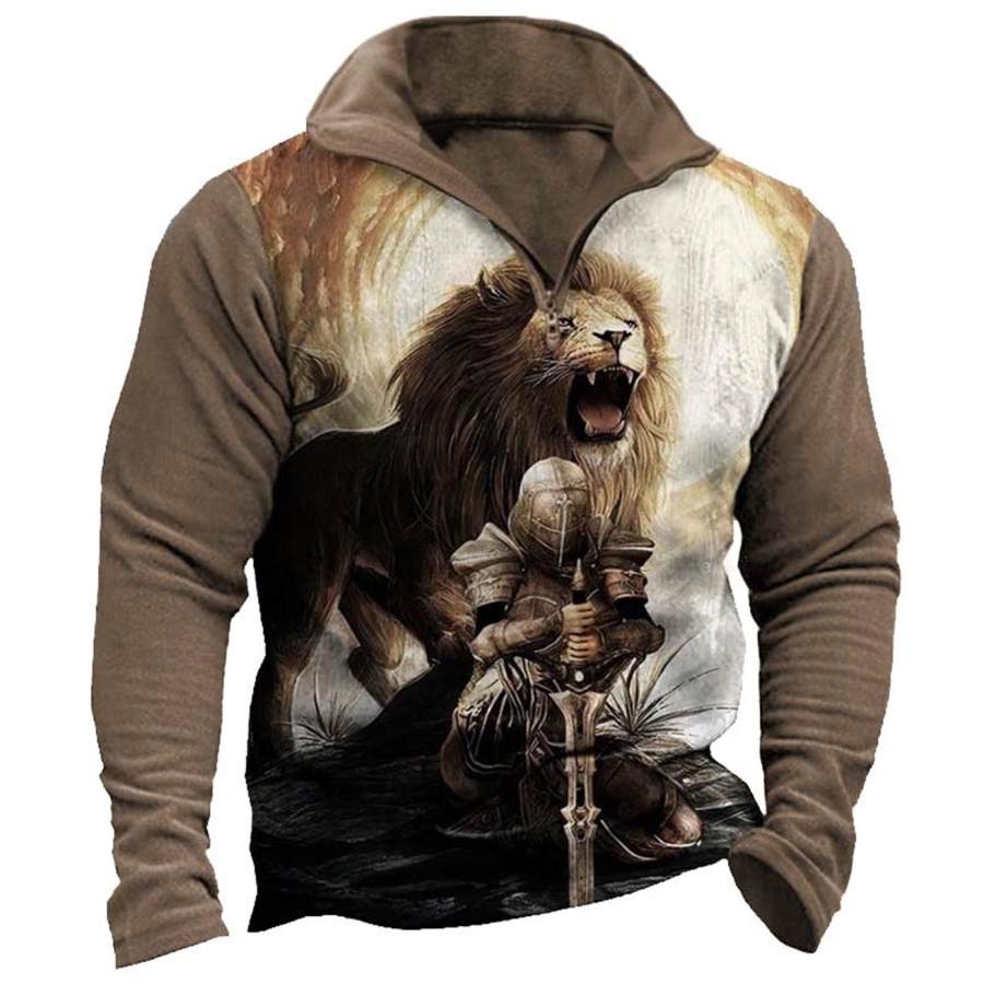 

Men's Vintage Templar Lion Print Quarter Zip Sweatshirt