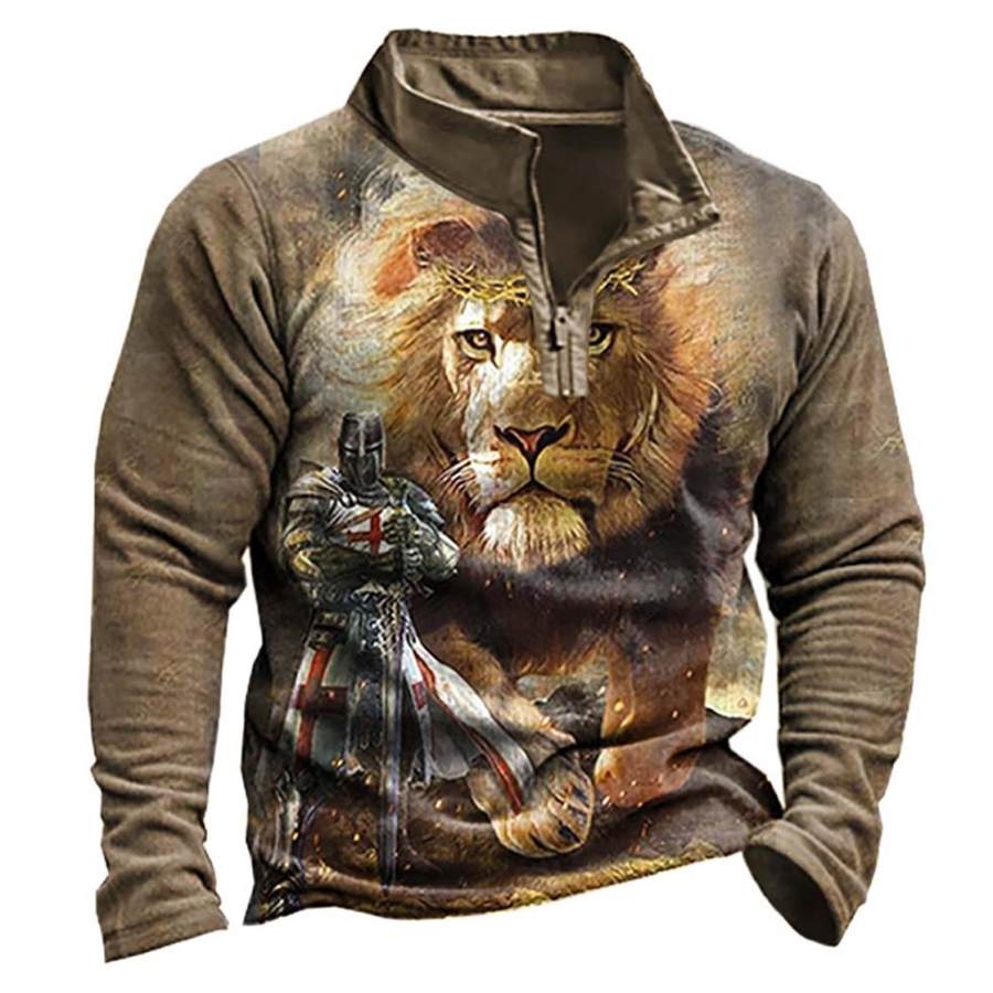 

Men's Vintage Templar Lion Print Quarter Zip Sweatshirt
