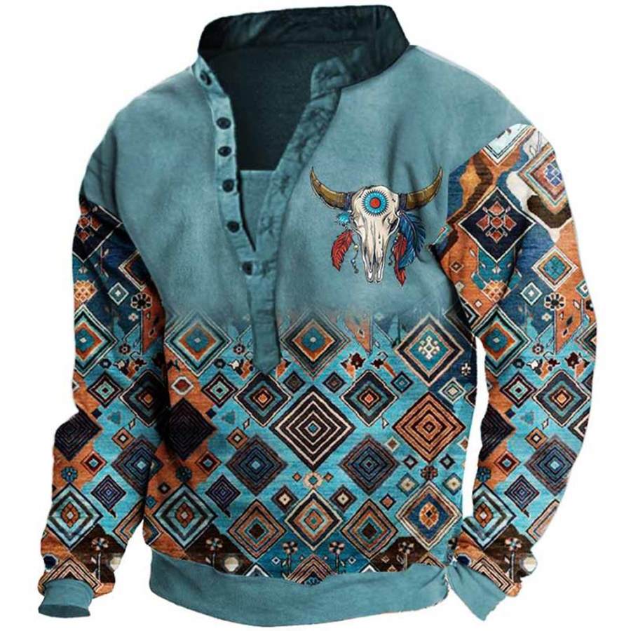 

Men's Ethnic Geometric Cow Skull Print Henley Sweatshirt