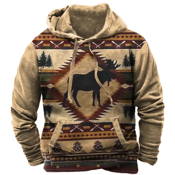 Men's Vintage Western Region Elk Print Hooded Sweatshirt - Kalesafe.com 