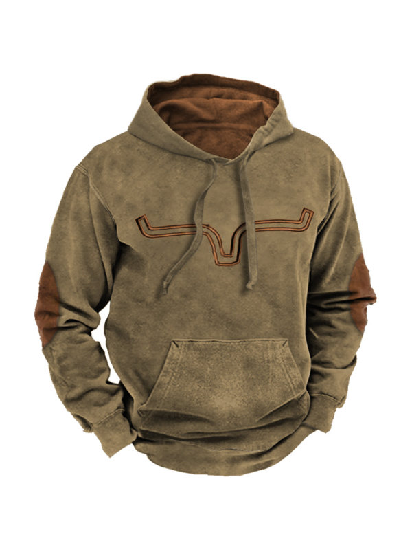 Men's Vintage Western Denim Color Block Hoodie