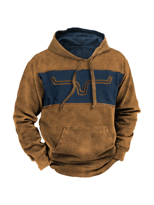Men's Vintage Western Denim Panel Color Block Hoodie