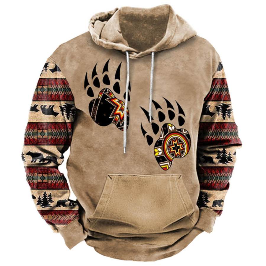 

Men's Vintage Ethnic Bear Paw Print Hoodie