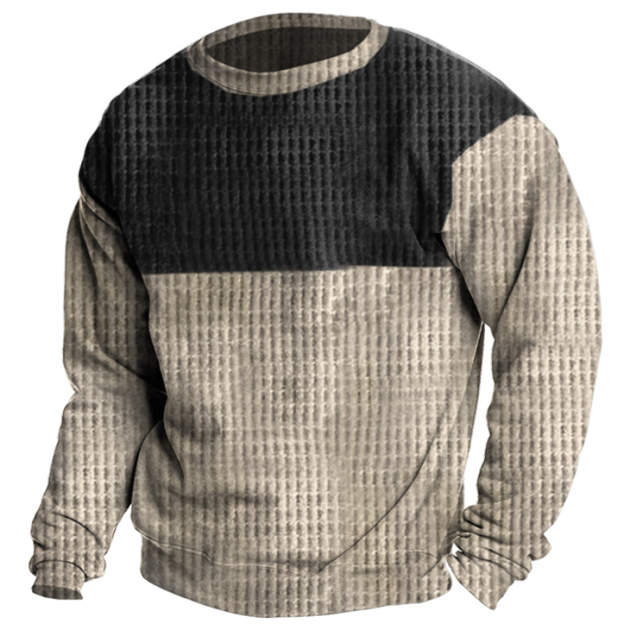 

Men's Retro Waffle Fabric Contrast Color Crew Neck Sweatshirt