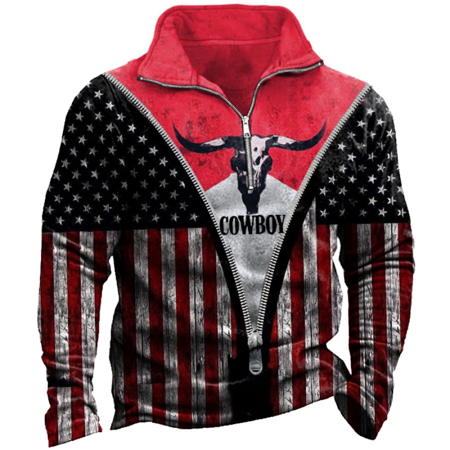 

Men's Vintage American Flag Western Cowboys Color Block Print Zipper Mock Neck Sweatshirt