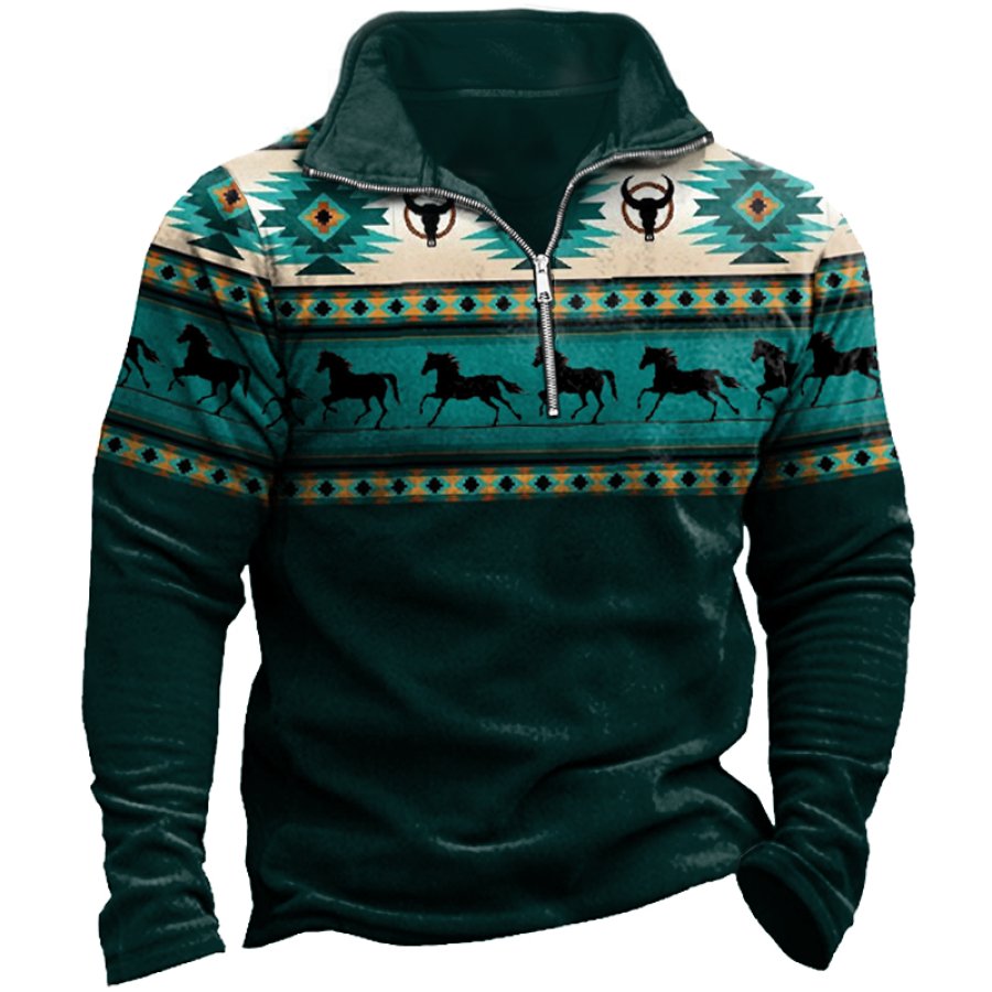 

Men's Vintage Western Cowboy Ethnic Print Colorblock Zipper Mock Neck Sweatshirt