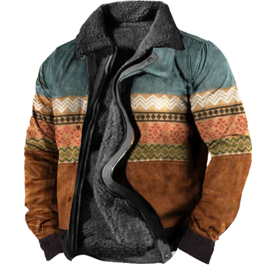 

Men's Vintage Aztec Print Lining Plus Fleece Zipper Tactical Shirt Jacket