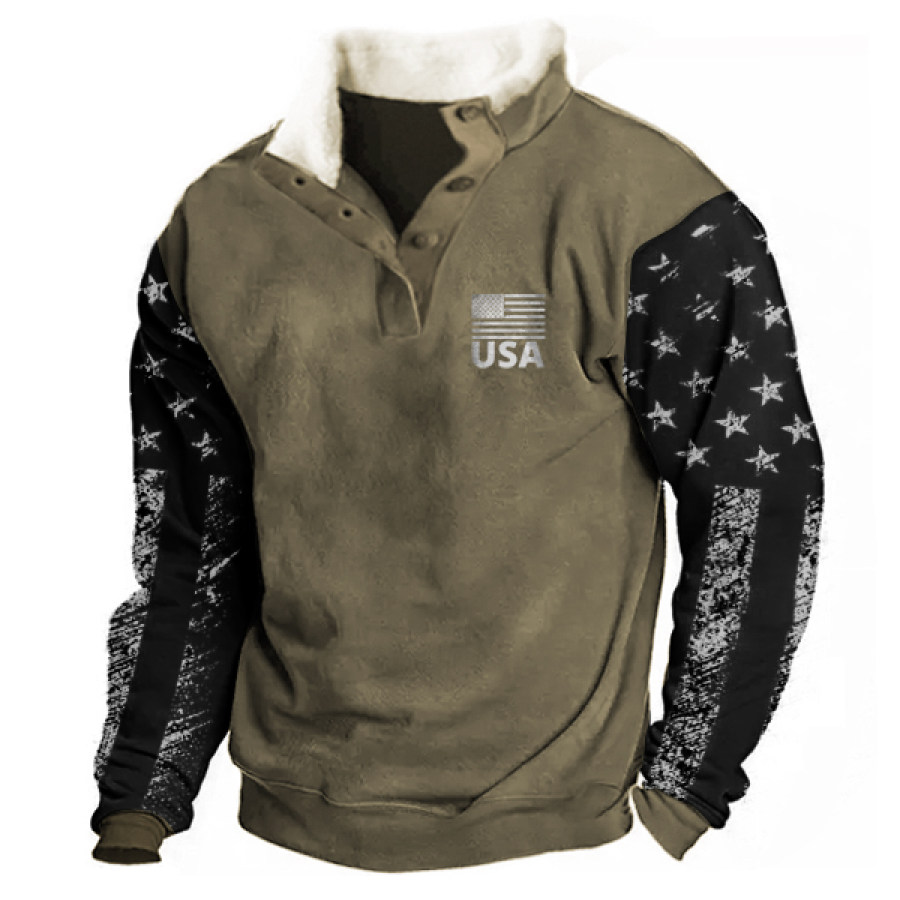 

Men's Vintage American Flag Print Tactical Henley Winter Sweatshirt