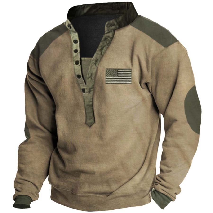 

Men's Vintage American Flag Colorblock Henley Collar Sweatshirt