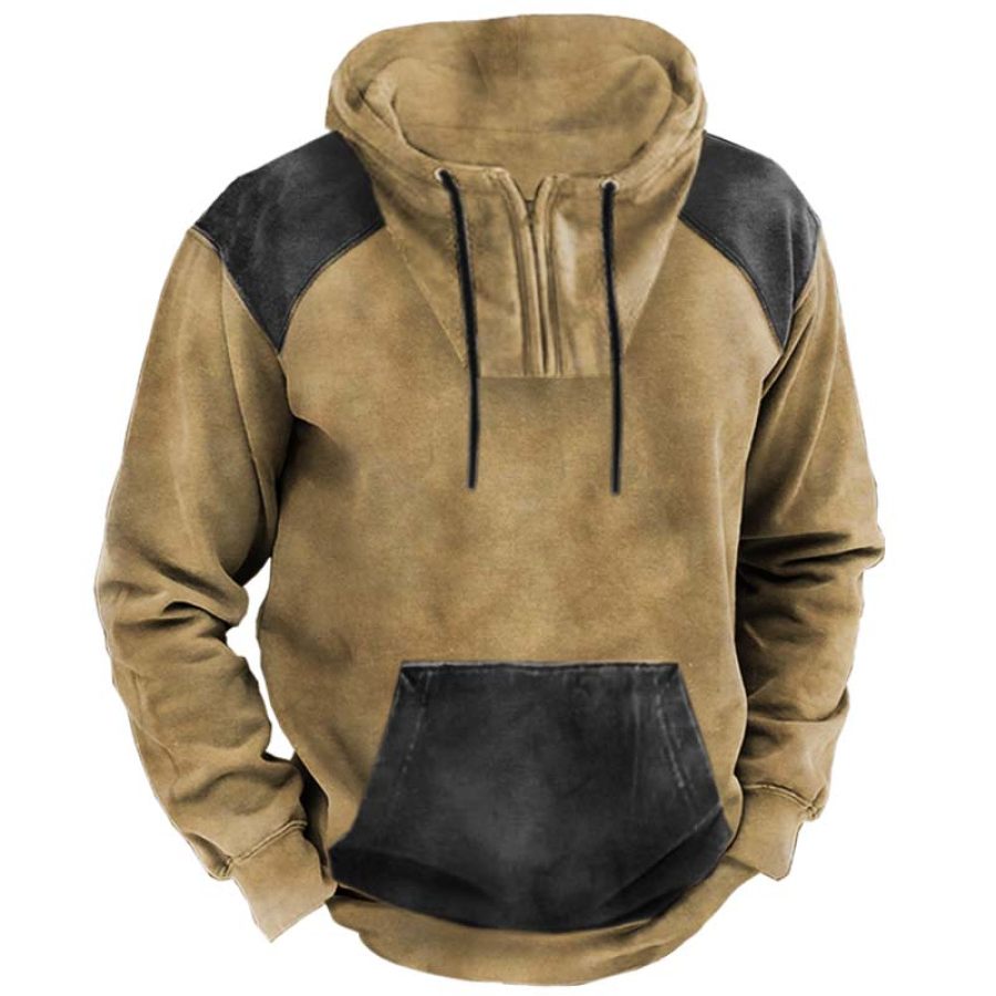 

Men's Vintage Print Zip Collar Pocket Hoodie