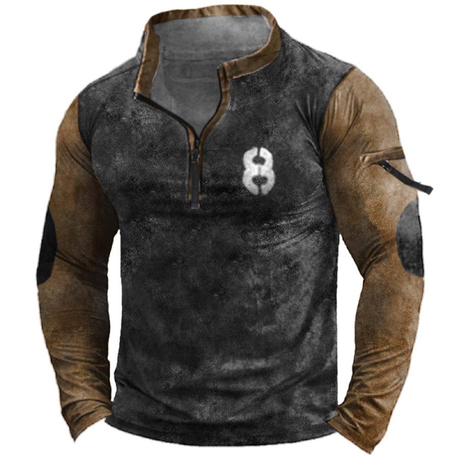 

Men's Outdoor Vintage Colorblock Print Patchwork Zip Pocket Tactical T-Shirt