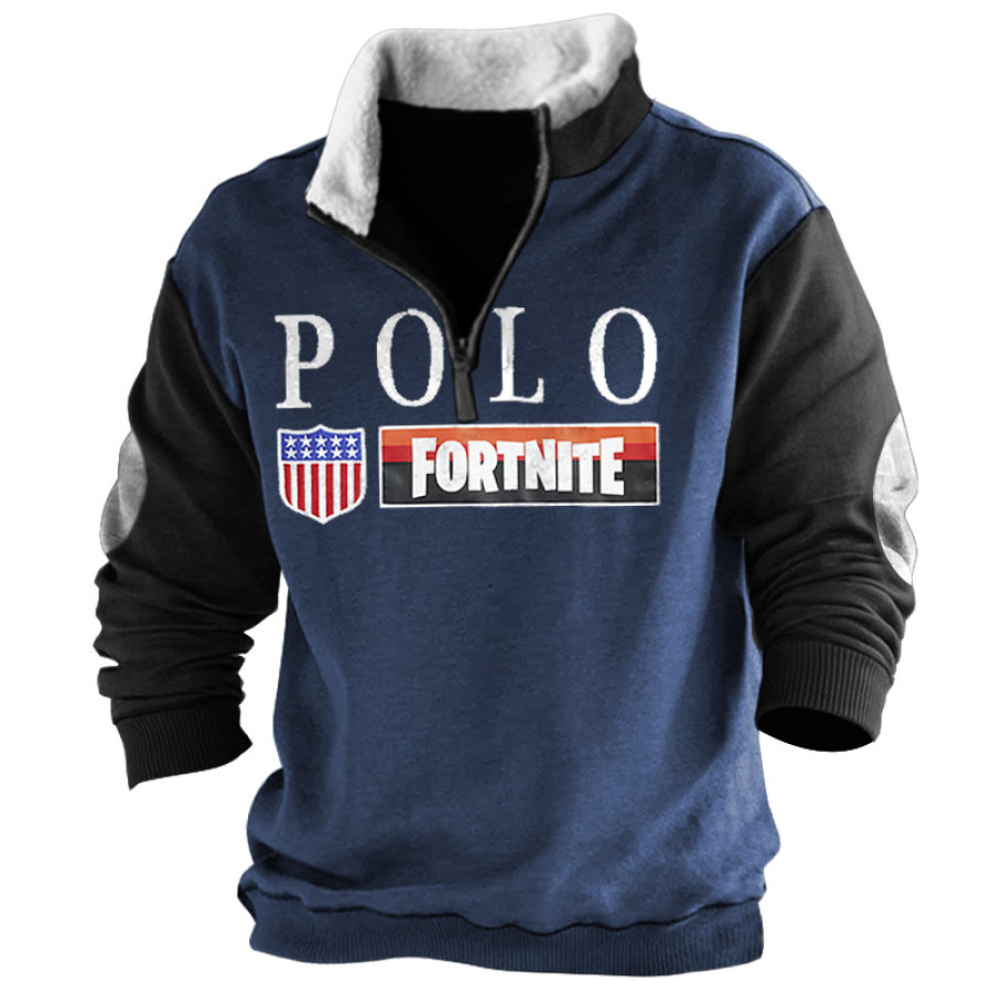 

Men's POLO FORTNITE Print Colorblock Stand Collar Casual Sweatshirt