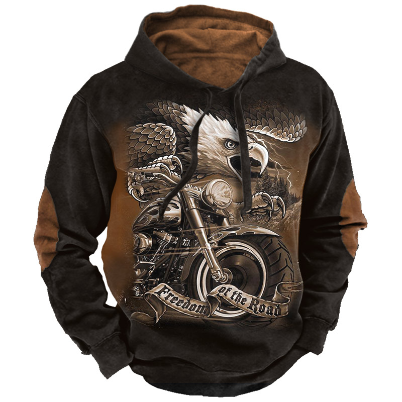 Men's Outdoor Flying Eagle Chic Motorcycle Print Color Block Hoodie