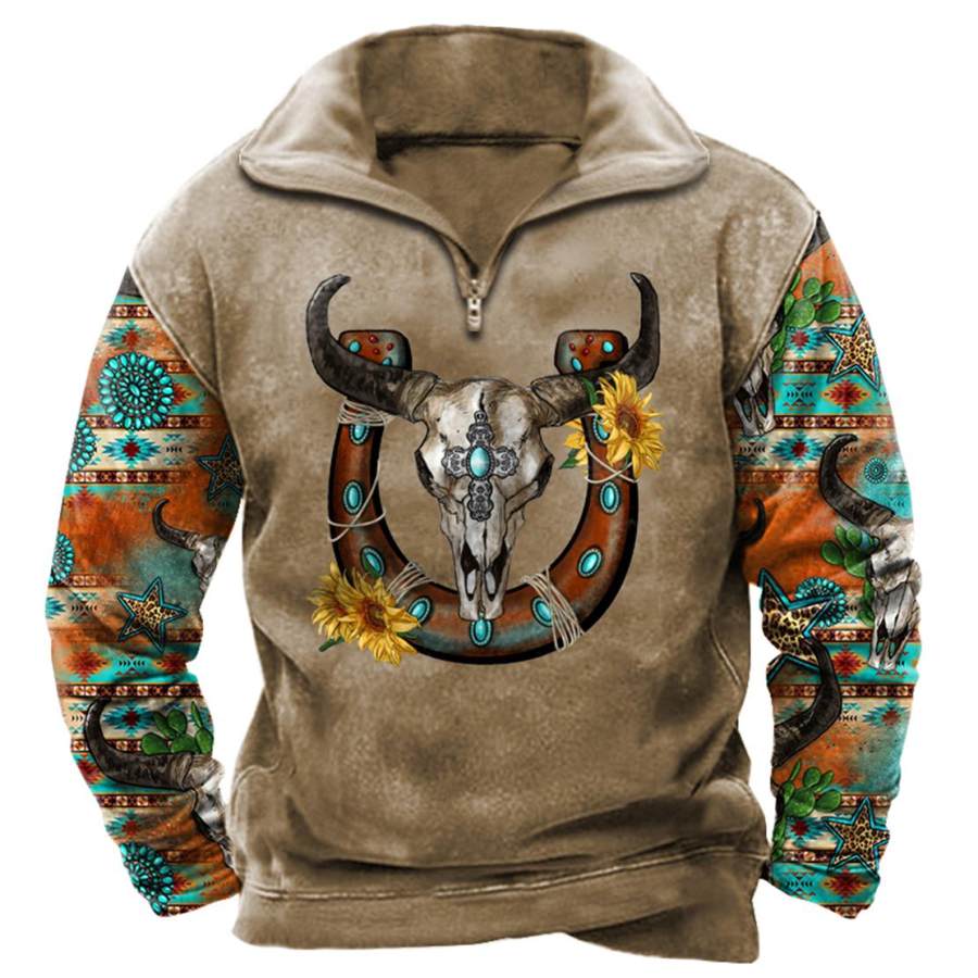 

Men's Western Bull Skull Horseshoe Quarter Zip Sweatshirt